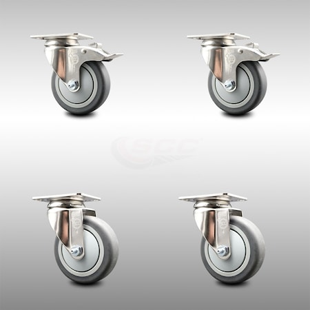 Service Caster 4 Inch 316SS Thermoplastic Rubber Swivel Top Plate Caster Lock Brakes SCC, 2PK SCC-SS316TTL20S414-TPRB-2-S-2